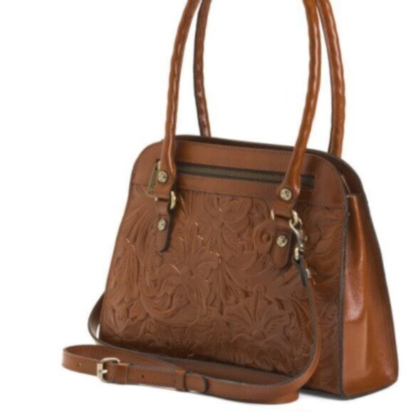 PATRICIA NASH LEATHER CALVI TOOLED FLORAL FLORENCE SATCHEL CROSSBODY Brown - Picture 1 of 13